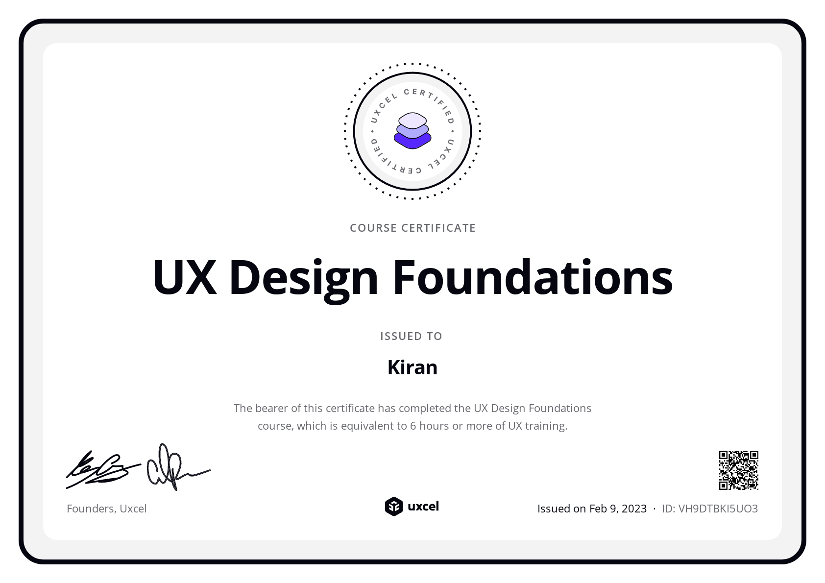 Kiran's certificate
